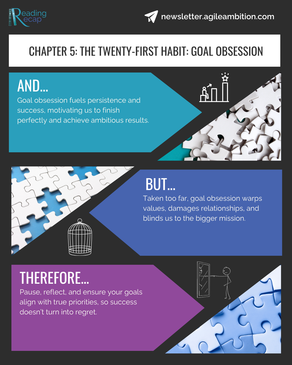 Infographic explaining how excessive goal focus harms values, relationships, and balance.