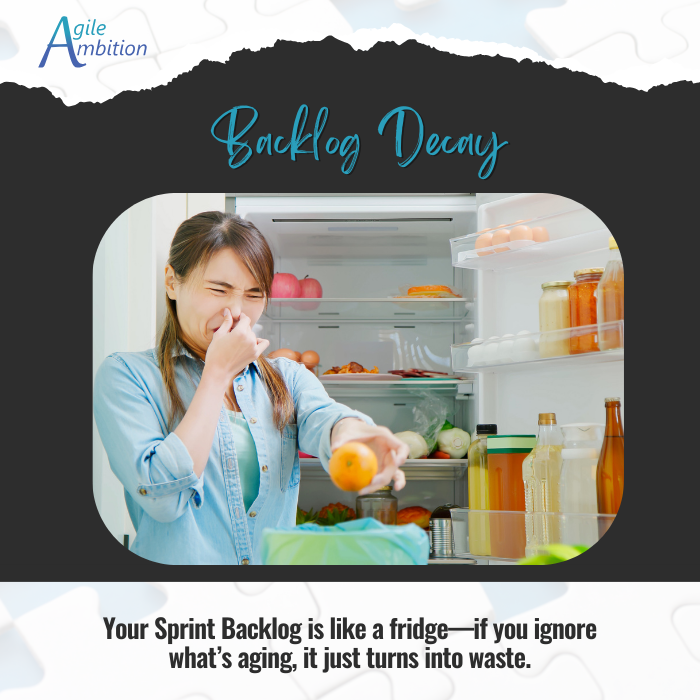 Woman holding nose in front of an open fridge filled with rotting food.