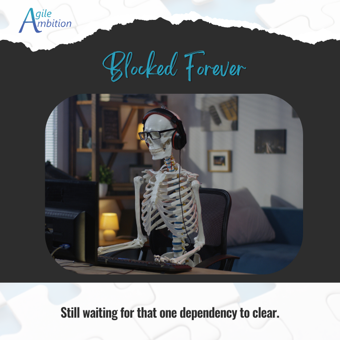 Skeleton wearing a headset, sitting at a desk with a computer.