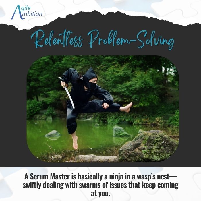 Captioned photo of a ninja mid jump. A Scrum Master is basically a ninja in a wasp’s nest—swiftly dealing with swarms of issues that keep coming at you.