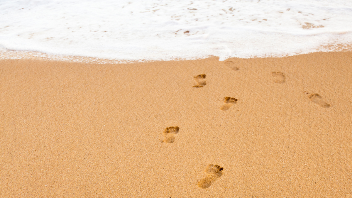 Footprints in wet sand leading toward gentle ocean waves as the tide approaches, symbolizing impermanence and moving forward.