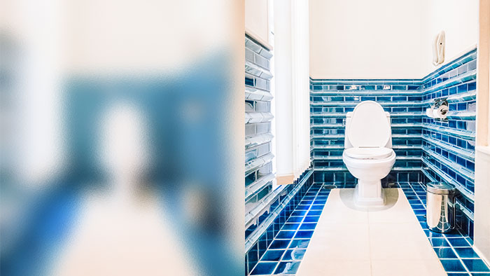 Side by side comparison of a bathroom shot viewed through frosted glass and transparent glass