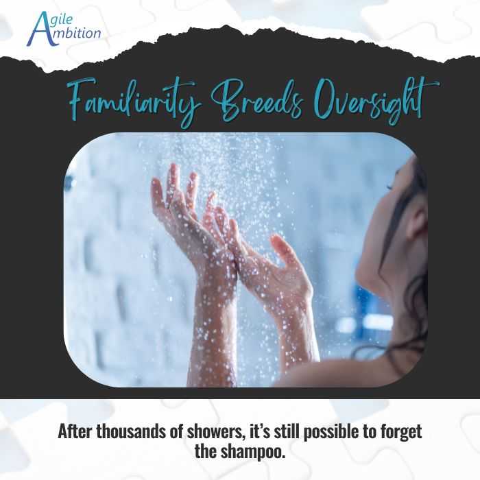 Water running over hands in a shower. Caption:After thousands of showers, it’s still possible to forget the shampoo.