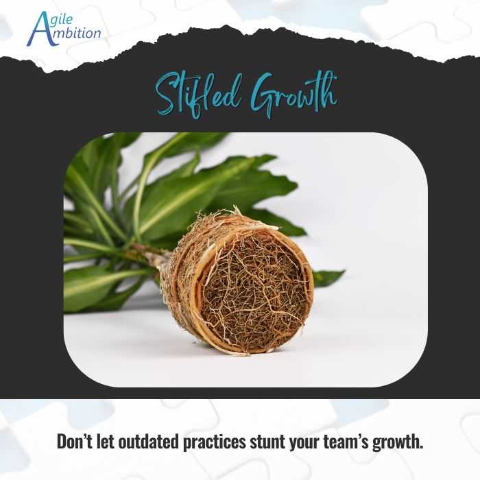 A plant’s roots tightly wound around themselves, with the caption: “Don’t let outdated practices stunt your team’s growth.”