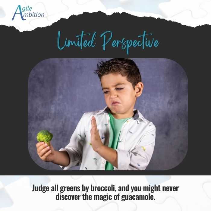 Captioned photo of a kid sneering at a piece of broccoli - Judge all greens by broccoli, and you might never discover the magic of guacamole.