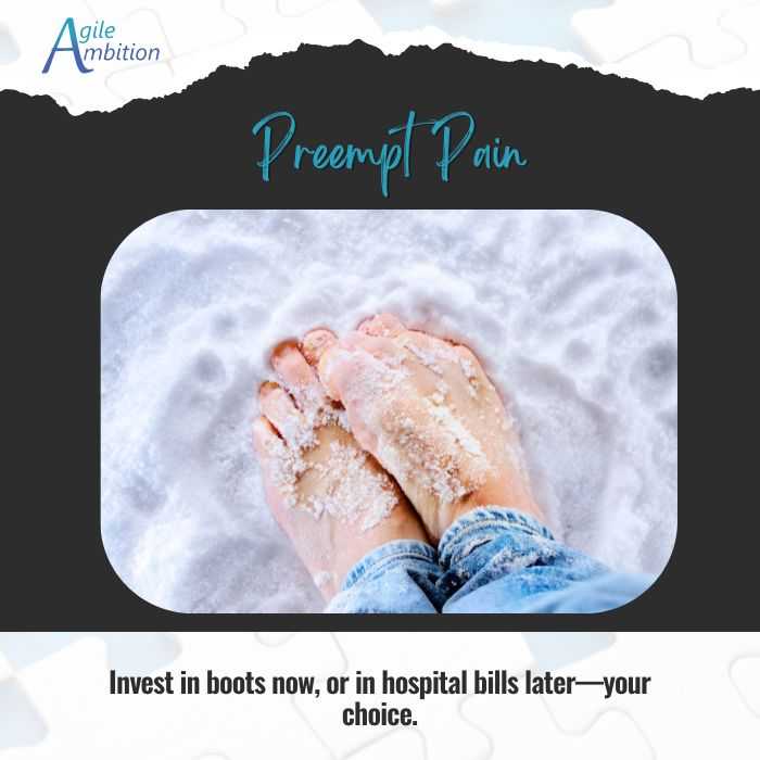 Bare feet in snow, symbolizing poor preparation. Represents the importance of investing in prevention to avoid future pain.