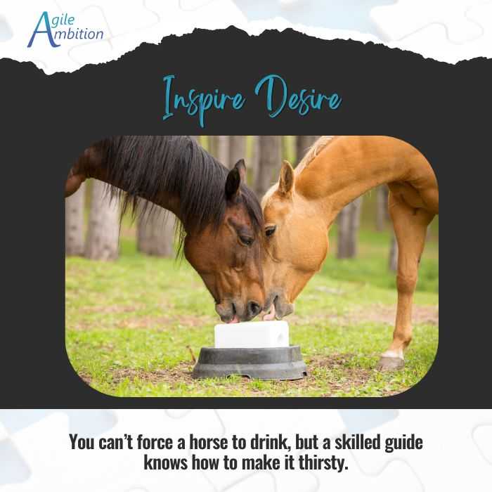 Two horses licking a salt block. Caption: You can’t force a horse to drink, but a skilled guide knows how to make it thirsty.