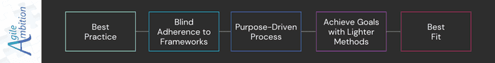 Diagram linking best practice to best fit by addressing blind adherence to frameworks with purpose-driven processes.