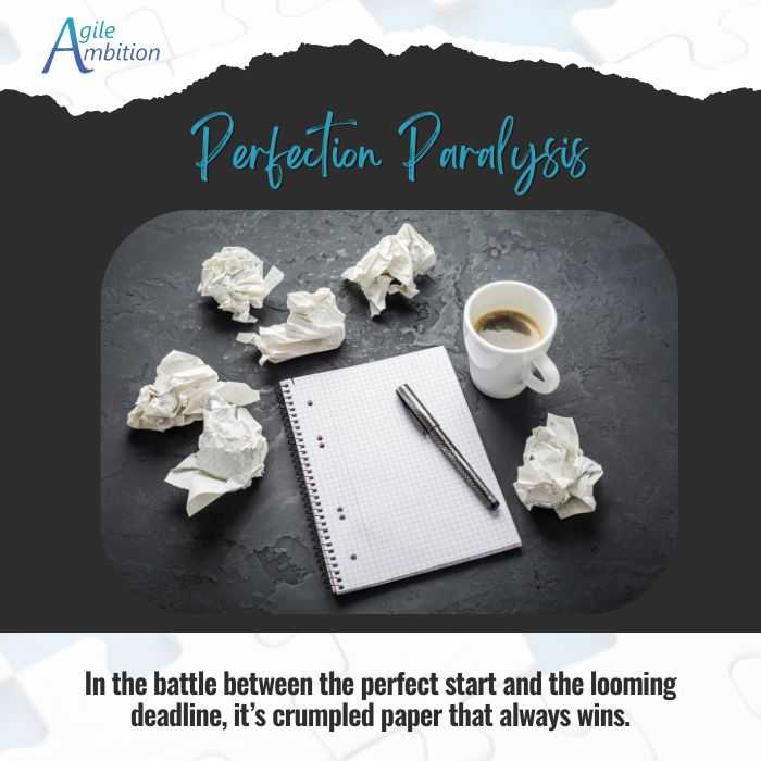 blank notebook surrounded by paper wads captioned - In the battle between the perfect start and the looming deadline, it’s crumpled paper that always wins.