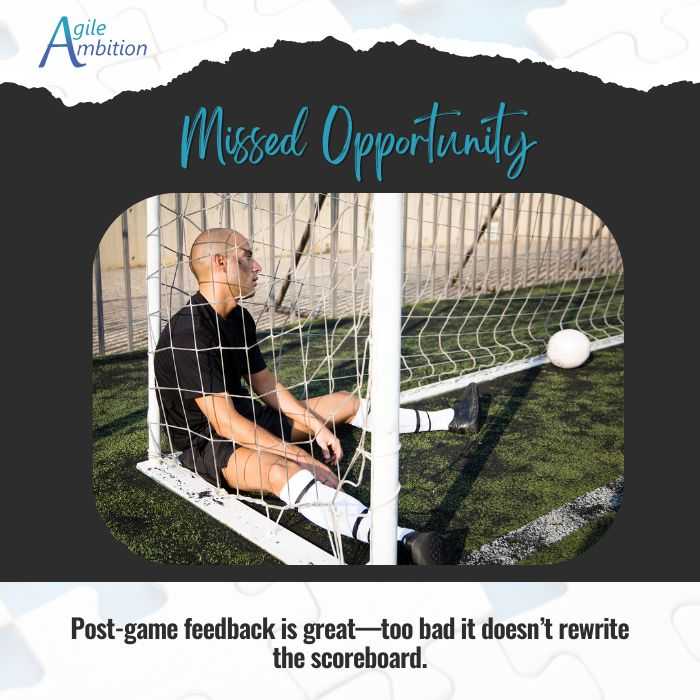 A dejected soccer player sitting inside the net Caption:Post-game feedback is great too bad it doesn’t rewrite the scoreboard