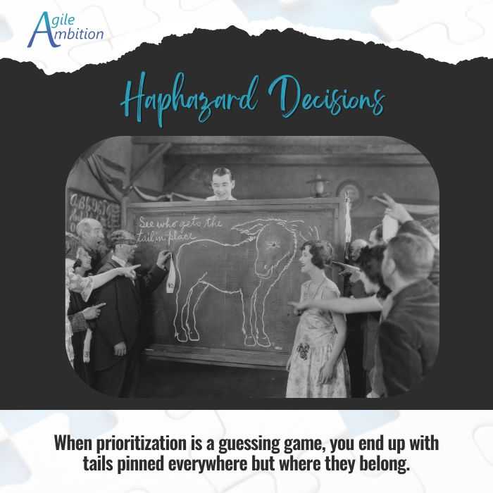 Group playing pin the tail on the donkey; caption: 'Haphazard Decisions' warns against guessing in prioritization