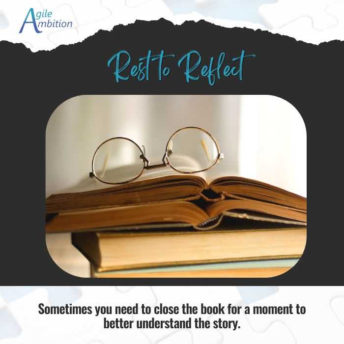 Pair of glasses resting on open book. Caption:Sometimes you need to close the book to better understand the story.